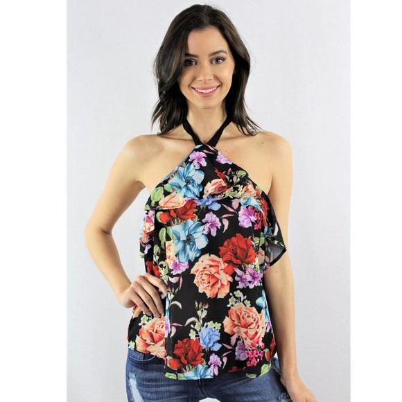 Boho Tie Neck Halter Top - Black Floral - Picture 1 of 2